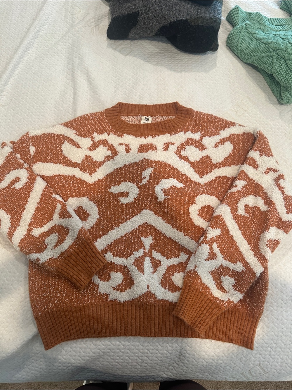 Rust & Cream Patterned Crewneck Sweater - Women's Cozy Knit